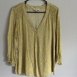 Cynthia Rowley Yellow Small Leaf Print V Neck Peasant Long Sleeve Blouse